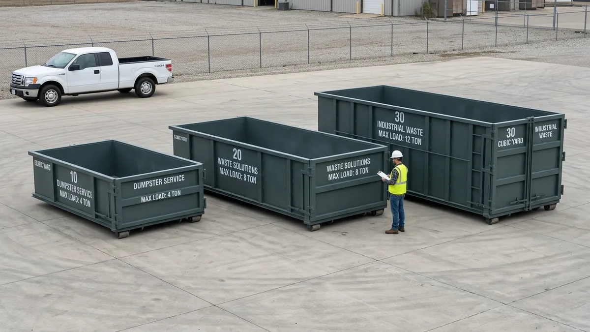 True-to-scale comparison of 10, 20, and 30-yard roll-off dumpsters with an adult worker and Ford F-150 for scale