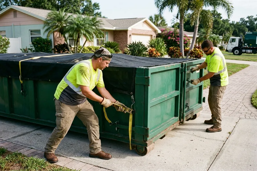 Uniformed ClearSite hauling crew securing load tarp and safety latch