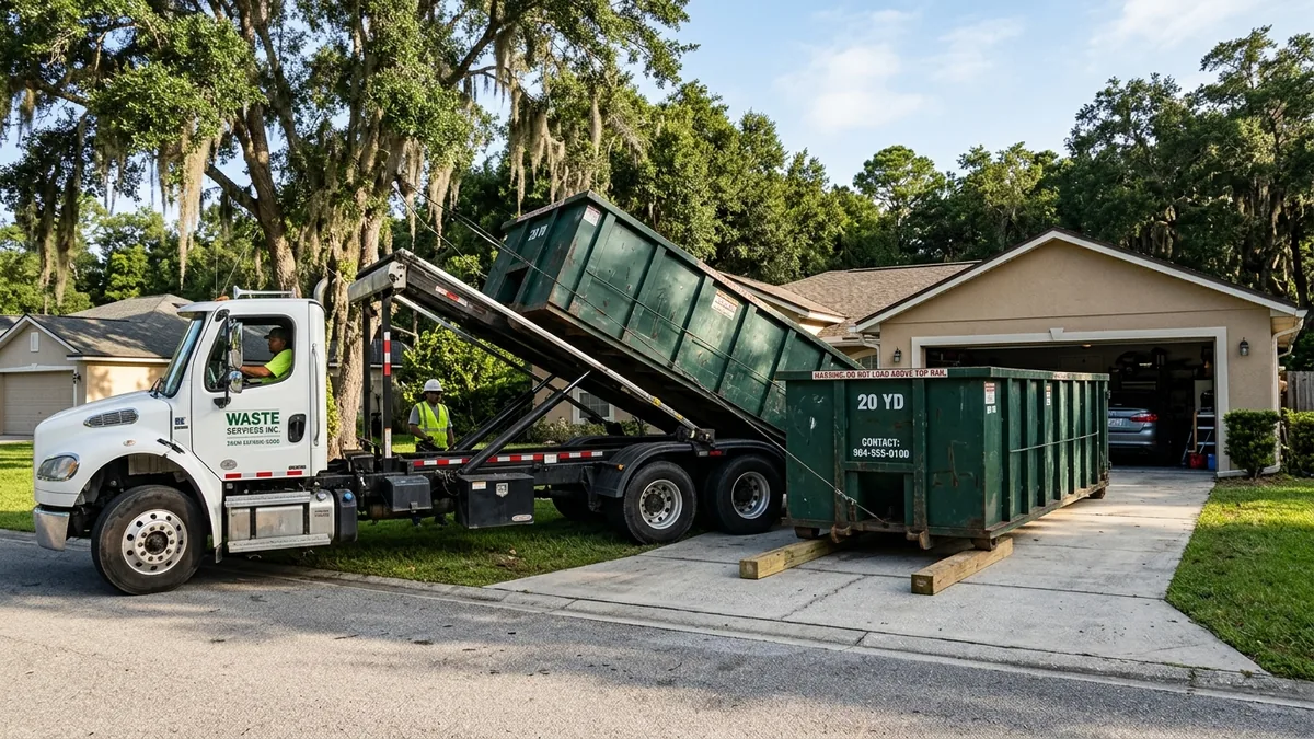 ClearSite roll-off truck placing a 20-yard container on protective boards